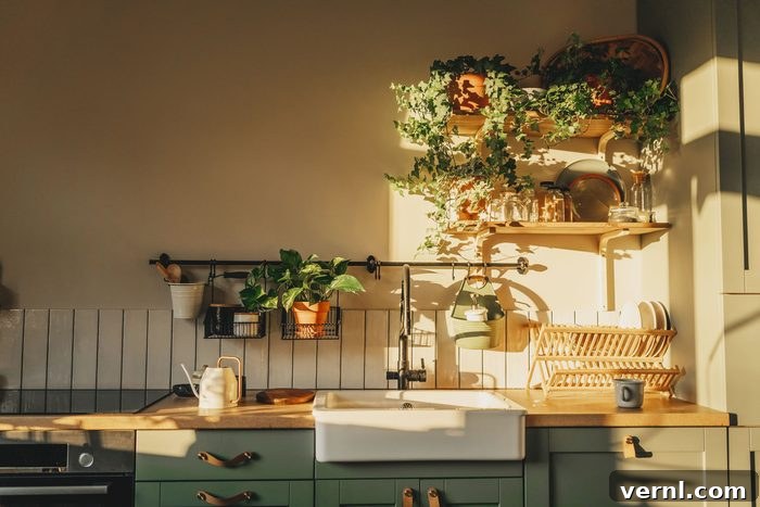 Unpacking the Tomatocore Aesthetic 4 Luxury And Very Clean Empty European Kitchen with green kitchen cabinets, dishes in the strainer, plants vined above the sink and in pots on a railing system