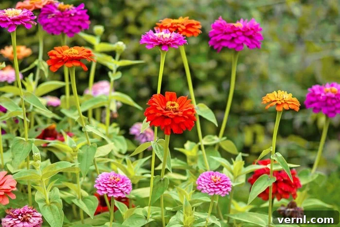 Zinnias Of All Colors Blooming In Summer Garden