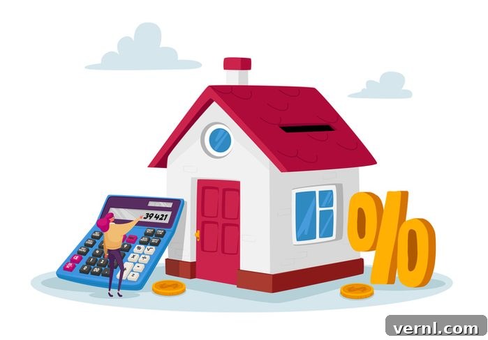 HELOC Versus Home Equity Loan Choosing the Best Option 4 Tiny Female Character with Huge Calculator and Percent Symbol at House with Gold Coins for Home Buying and Mortgage Concept