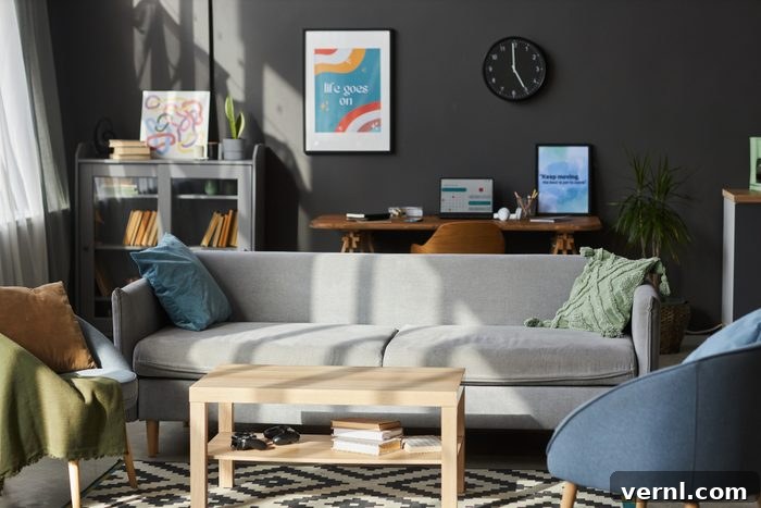 Small Space, Big Style Living Room Decor Hacks 3 Intimate and stylish living room with dark walls and cozy textures