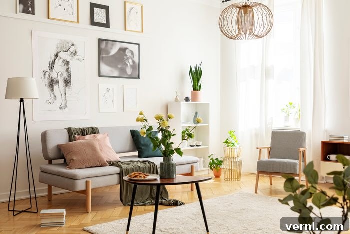 Small Space, Big Style Living Room Decor Hacks 4 Modern living room with slim sofa, round coffee table, and natural elements