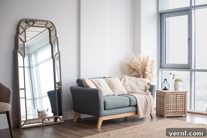 Small Space, Big Style Living Room Decor Hacks 6 Stylish modern living room with large floor mirror reflecting natural light