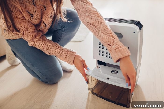 Beyond Humidity: Do Dehumidifiers Offer a Cooling Benefit? 2 Woman changing water container of dehumidifier at home