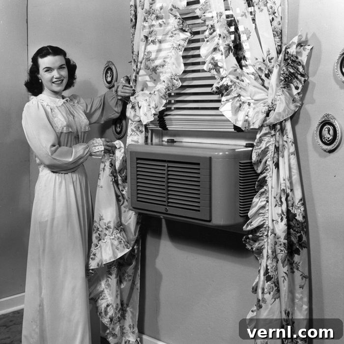The Invention Date of Air Conditioning Revealed 2 1940s Ac in a window with a woman standing next to it