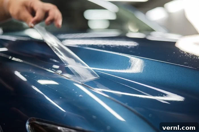 Your Guide to PPF Pricing 2 The master in the car service applies a protective armor film to the car body.