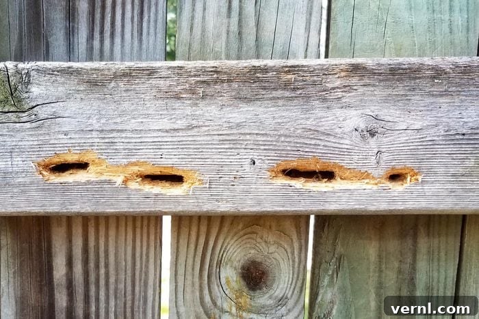 hole damage in wood fence from carpenter bees