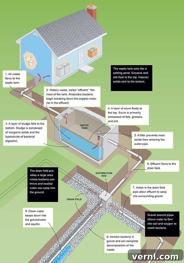 The Inner Workings of a Septic System 2 Diagram illustrating the components and function of a typical septic system from collection to groundwater recharge.