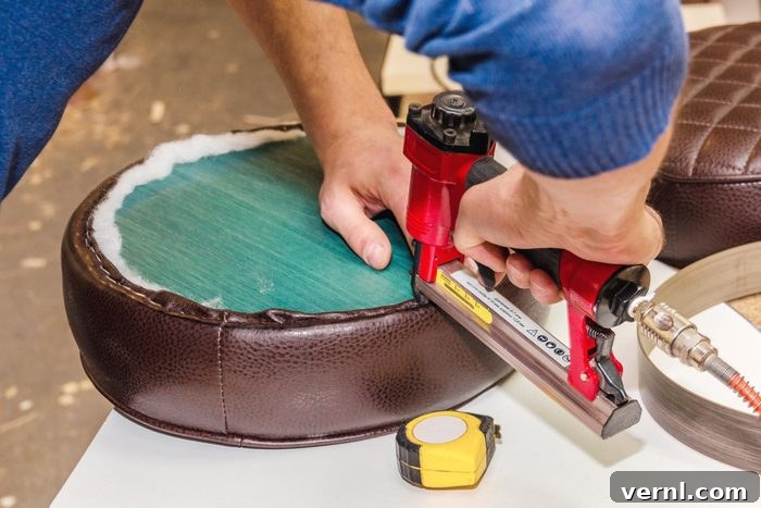 Easy Furniture Reupholstery for Beginners 6 stapling leather to a bar stool