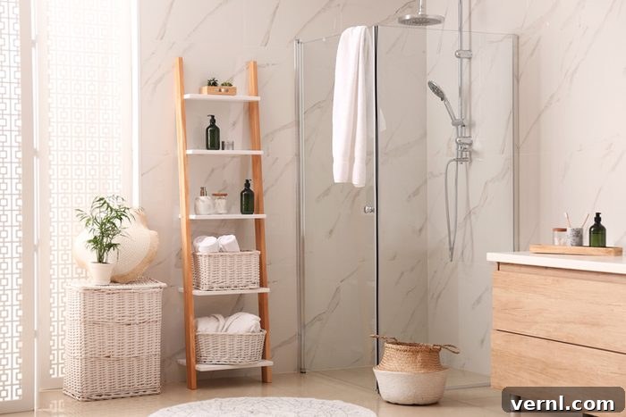 Time to Ditch Your Shower Curtain? 2 Modern bathroom interior with decorative ladder and shower stall