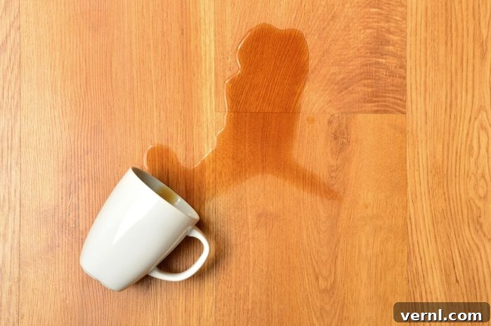 Coffee Spilled onto Hardwood Floors from glass, white coffee mug