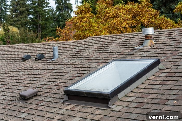 Roof Dryer Vents: A Homeowner's Guide to Safety and Maintenance 2 Rooftop view of shingled roof, skylight, roof vents and fall foliage in the background