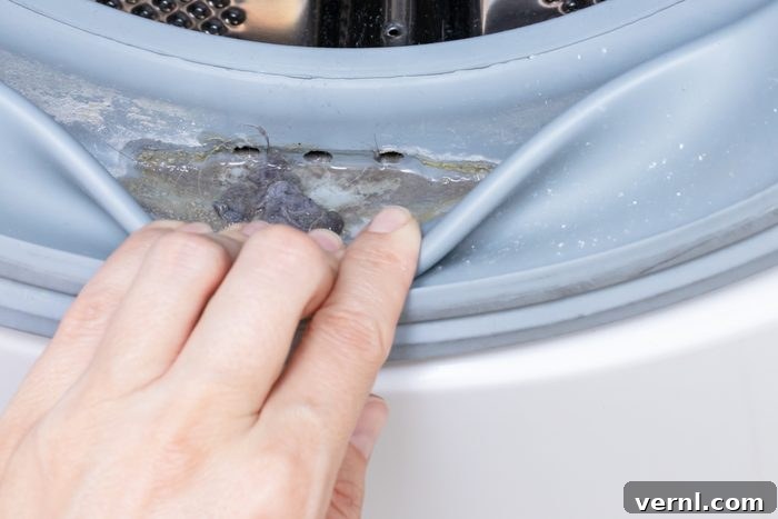 Decoding Your Washer's Nasty Smell 2 Dirty moldy washing machine sealing rubber and drum close up. Mold, dirt and limescale in washing machine. Home appliances periodic maintenance