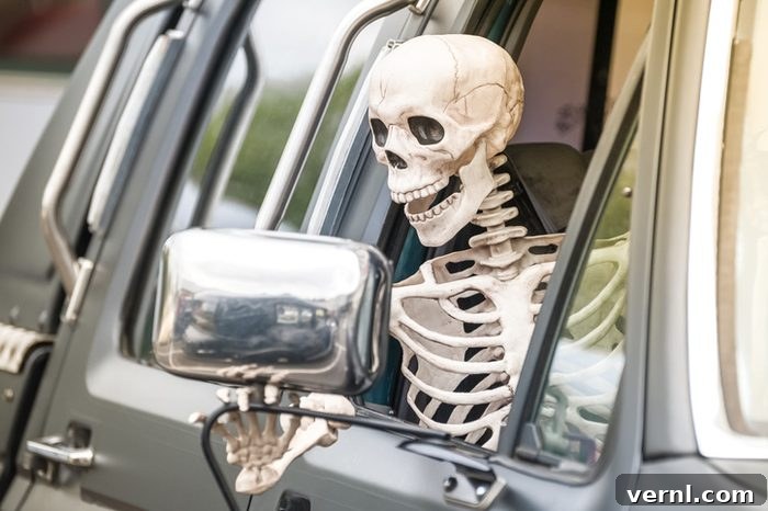 Spooky Rides A Halloween Car Decorating Dilemma 2 Human Skeleton Halloween Decoration Hanging out of Window of a Truck