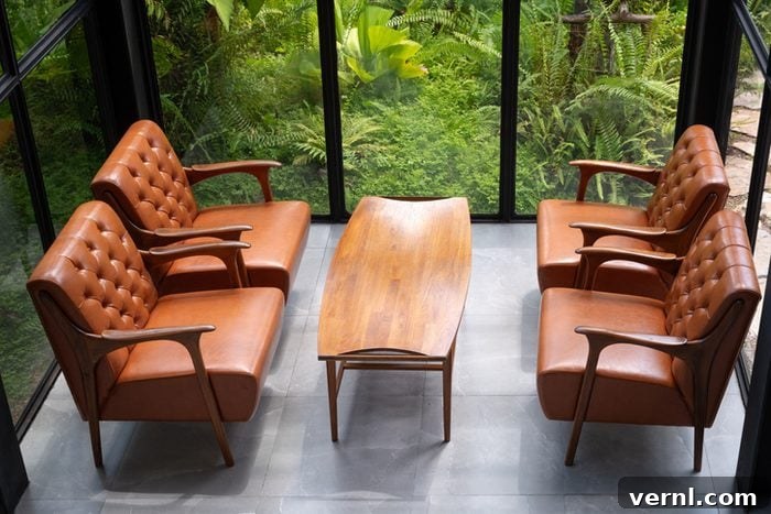 The Understated Elegance of Quiet Luxury Redefining Home Interiors 3 room with a brown sofa and chairs sitting in front of a large window in a wooded area
