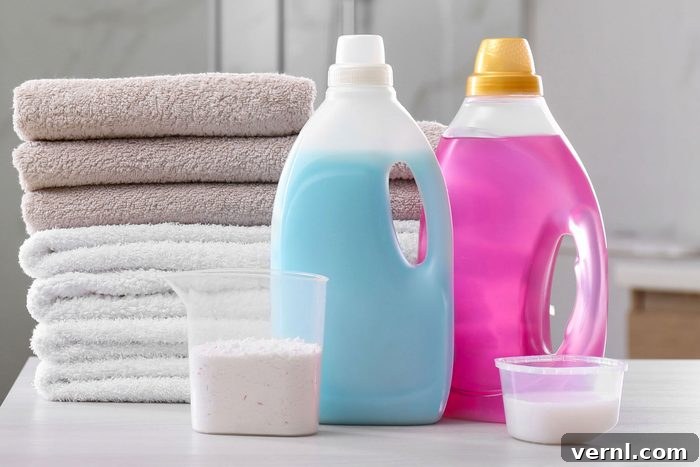 Stack of neatly folded towels and bottles of natural cleaning detergents on a white table, with a modern washing machine visible in the background, symbolizing a clean and healthy laundry routine.