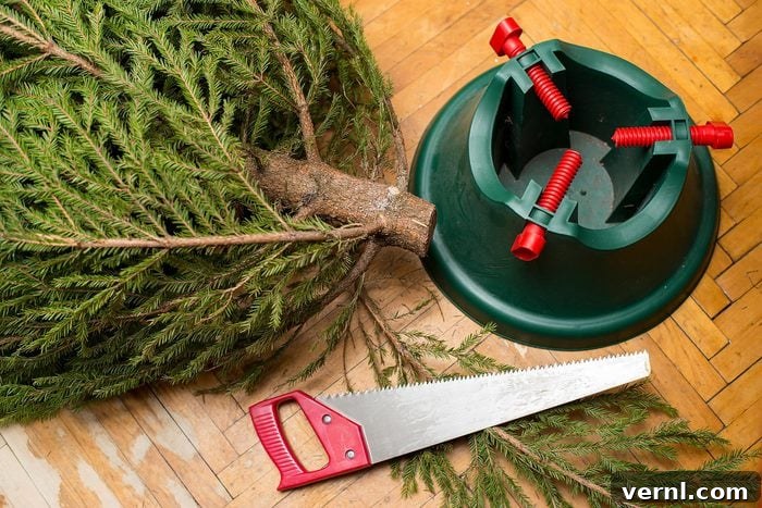 Christmas Tree Lifespan Secrets 2 Chopped Base of The Tree kept aside of a Tree Holder