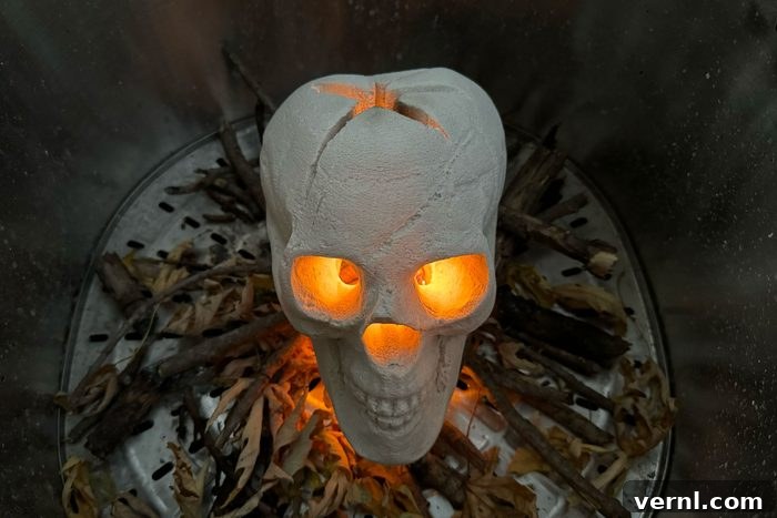 Set Your Halloween Party Ablaze: The Must-Have Fire Pit Skull 2 Fire Pit Skull in a Pit with Dried Leaves and Sticks
