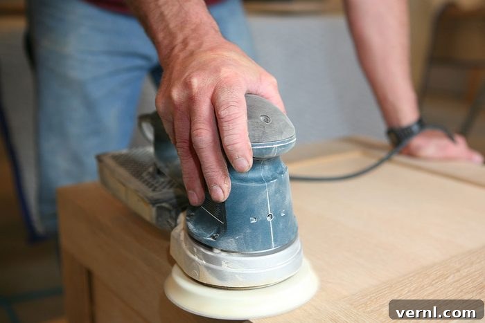 How to Perfectly Spray Paint Wood 2 Carpenter Power Sanding White Oak cabinet in a residential setting