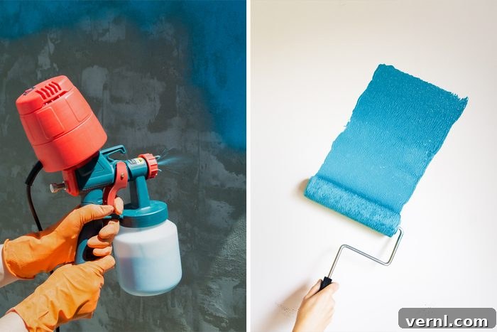 Paint Sprayer vs Roller The Ultimate Showdown 2 side by side comparison of a paint sprayer spaying teal paint onto a concrete wall and a paint roller painting teal paint onto a white wall