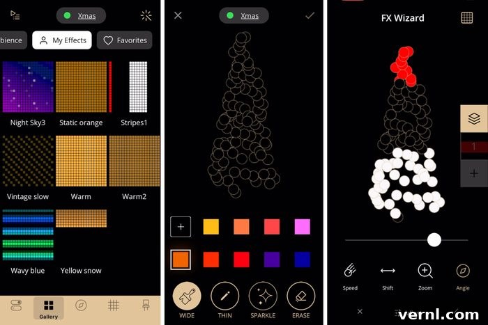 The Twinkly app interface on a smartphone, showing the mapping process of smart lights on a Christmas tree.