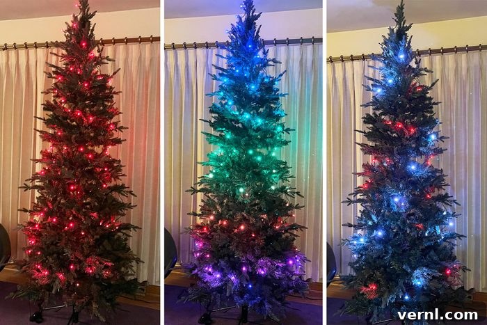 A Christmas tree with Twinkly smart lights, displaying three distinct light settings: vibrant multi-color, a dynamic moving pattern, and a soft, warm glow, illustrating customization options.