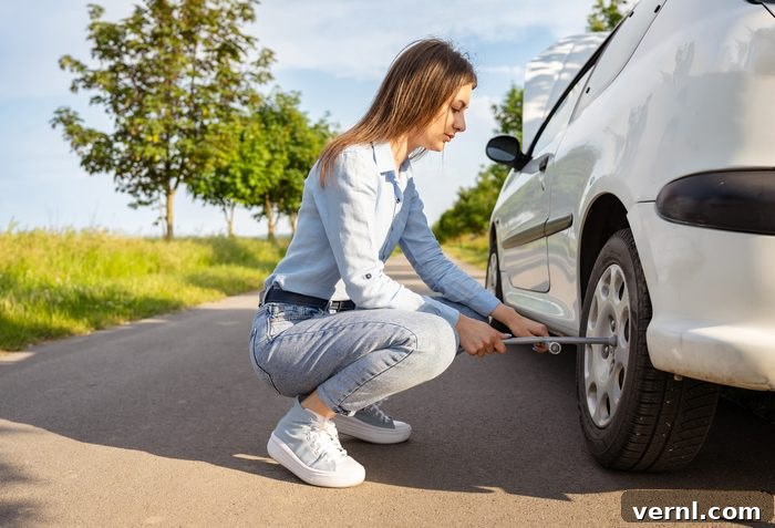 Mastering DIY Auto Repair 4 Young woman independently uses a car tire jack on the road
