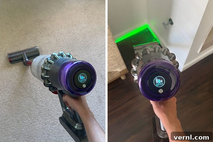 Dyson Outsize Plus laser illuminating dust particles on a hard floor