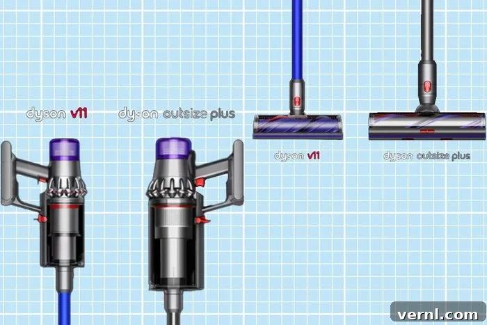 Dyson Outsize Plus and Dyson V11 vacuums side by side for comparison