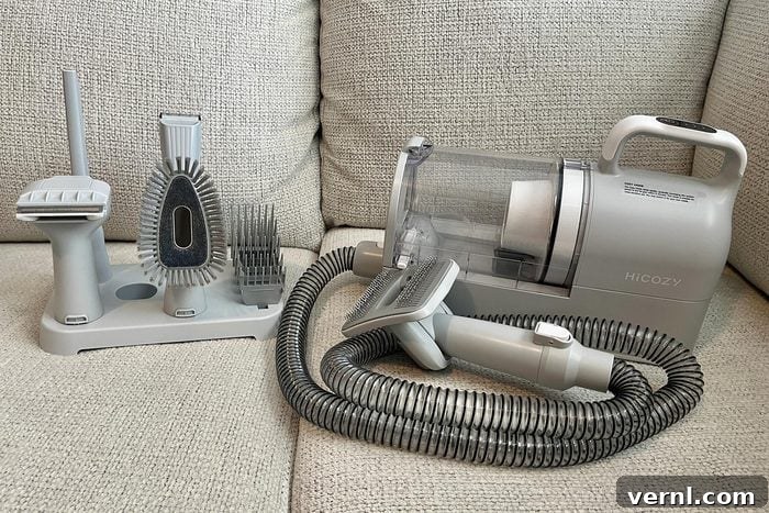 We Tested This Dog Grooming Vacuum on All Fur Types 2 Dog Hair brush and other equipment on couch