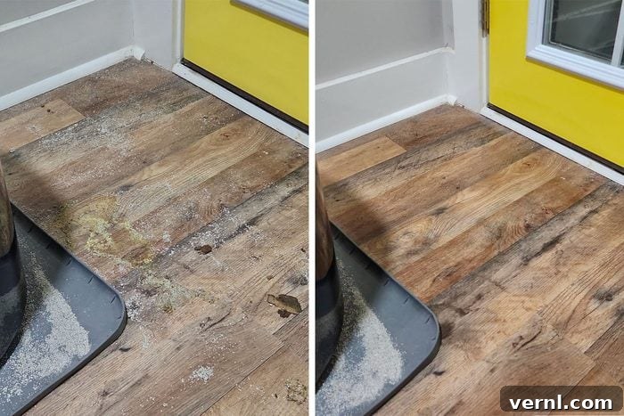 Before and After of floor side by side after using Bissell CrossWave HydroSteam Plus