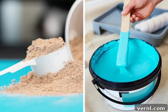 side by side of sand and blue paint