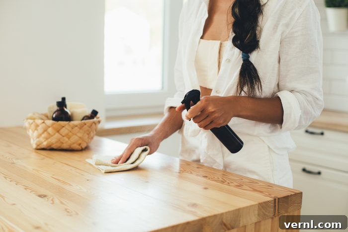 Junebugging: The Key to a Sparkling Clean Home 2 Young woman cleaning wooden table using spray and natural rag in a kitchen.