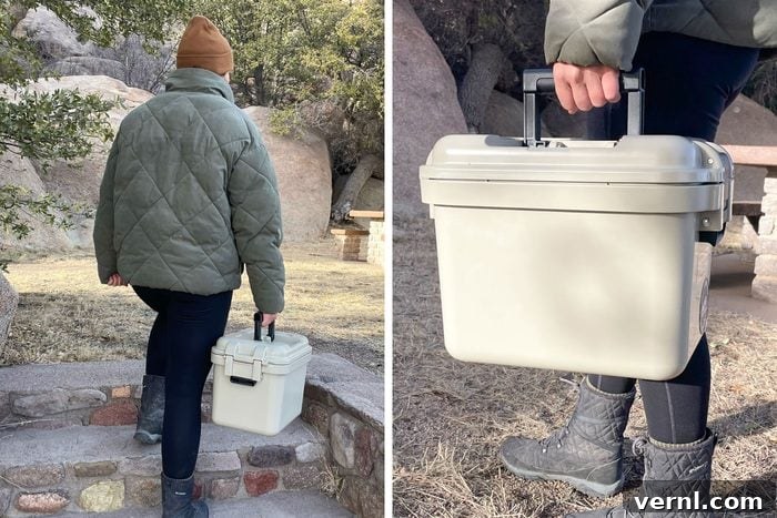 Holding the handle of Yeti Loadout Gobox