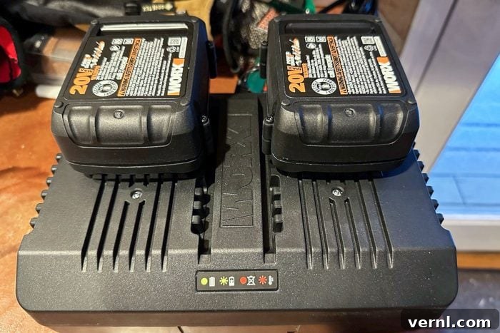 This Cordless Worx Blower Turns Snow Removal Into a Joy 2 Two batteries plugged in a charger