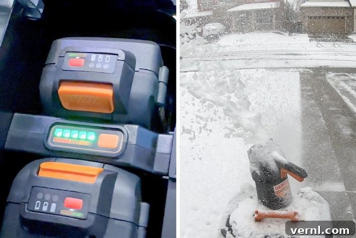 This Cordless Worx Blower Turns Snow Removal Into a Joy 3 Two batteries charging and Snow blower blowing out snow