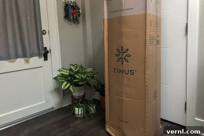 Zinus Green Tea Memory Foam Mattress: Three Years Later, Our Full Review 3 A box with a mattress sitting in front of a door, ready for unboxing.