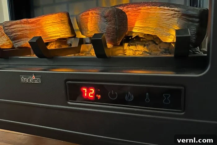 Digital display showing 72 degrees Fahrenheit on electric fireplace