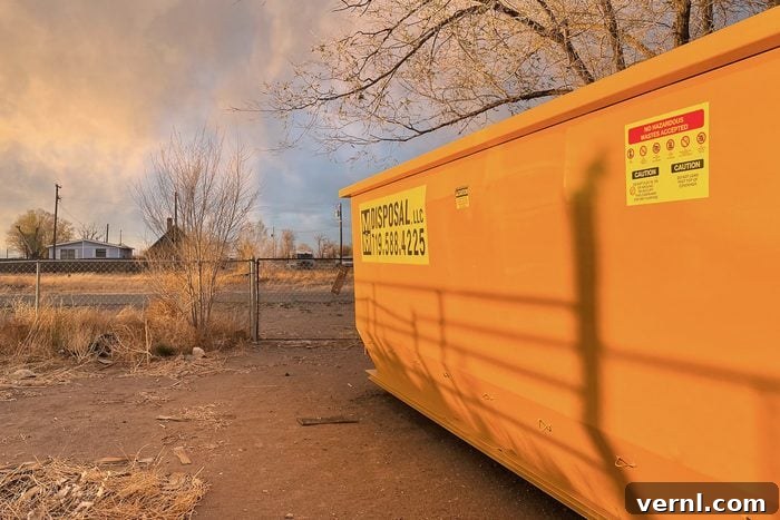 The Unspoken Realities of Buying a Fixer-Upper 2 An orange dumpster on the side during a sunset