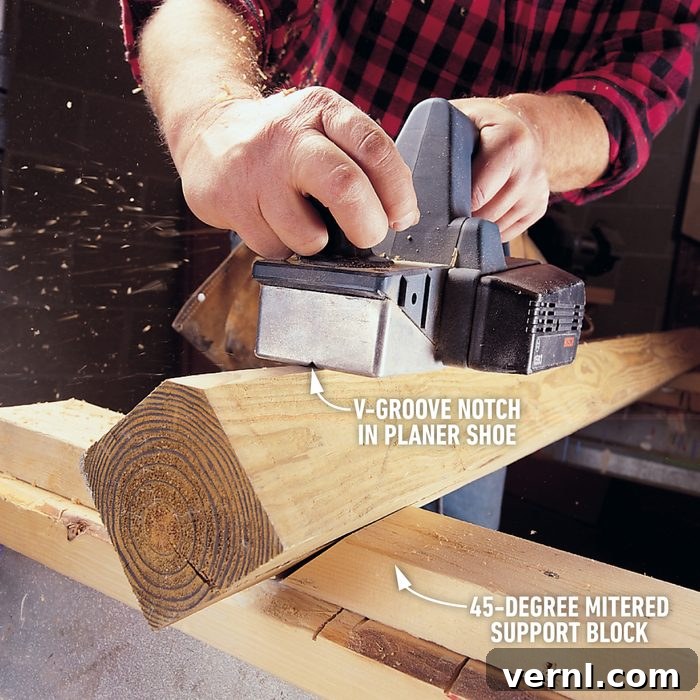 Mastering Your Electric Planer 5 Using an electric planer to plane and chamfer post corners for a smooth finish