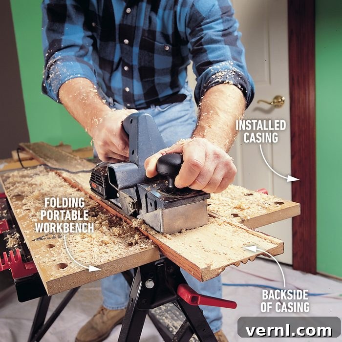 Mastering Your Electric Planer 7 Using an electric planer to remove wood from the back of door casings for a flush fit