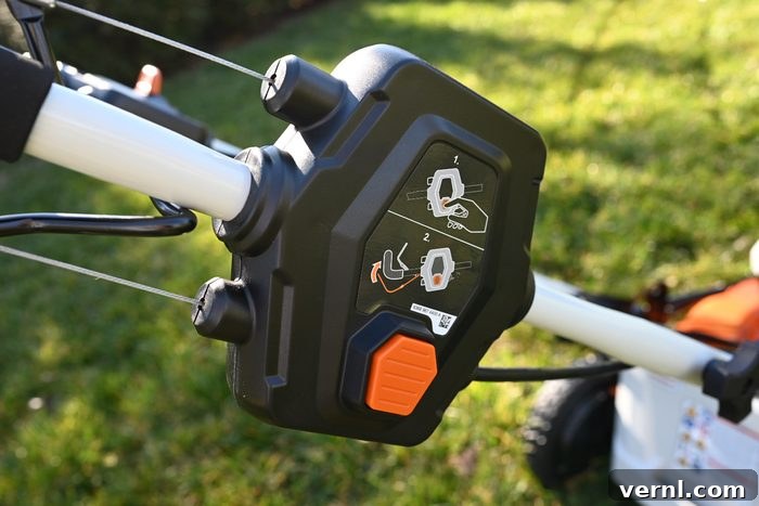 Stihl Electric Mower Unplugged Performance Review 6 A close up of the power switch of lawn mower