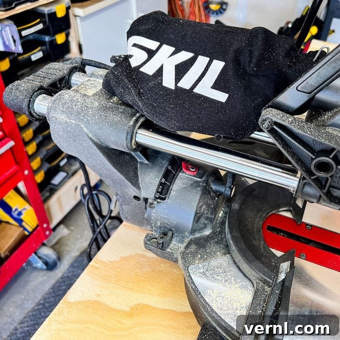 Close-up of Skil Miter Saw blade and cutting area