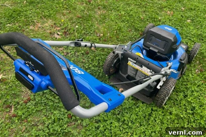 Kolbalt Electric Mower power switch and other features, close up for detail.