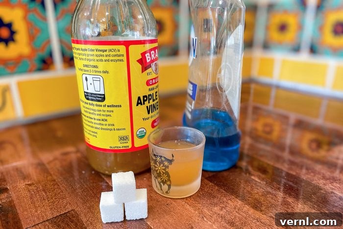 A bottle of apple cider vinegar and sugar cubes