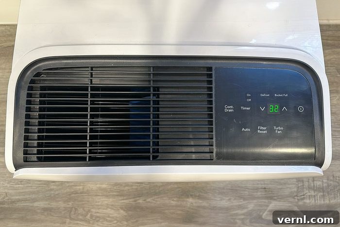 My Frigidaire Dehumidifier Review Conquering Basement Humidity 5 Digital display on Frigidaire Dehumidifier, Top View showing controls