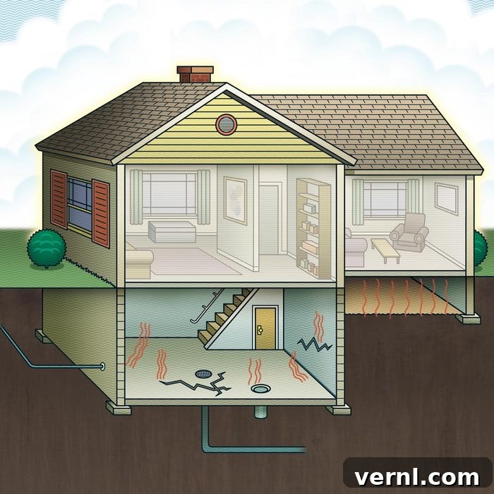 Homeowner's Guide to Radon Testing 2 Illustration depicting radon radiation infiltrating a house through cracks and pipes in the foundation