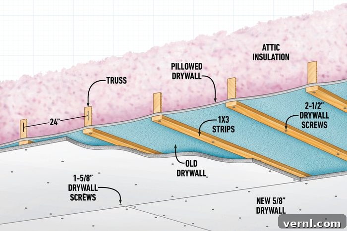 Your Ceiling Is Sagging Now What 2 What Should You Do If Your Ceiling Is Sagging graphic showing cross section of ceiling with old and new drywall