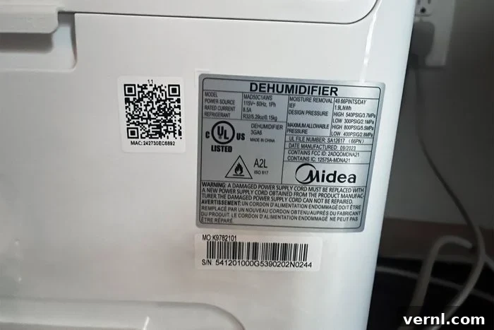 Midea Dehumidifier Ends North Carolina's Humidity Battle 9 Detail stickers on dehumidifier showing technical information