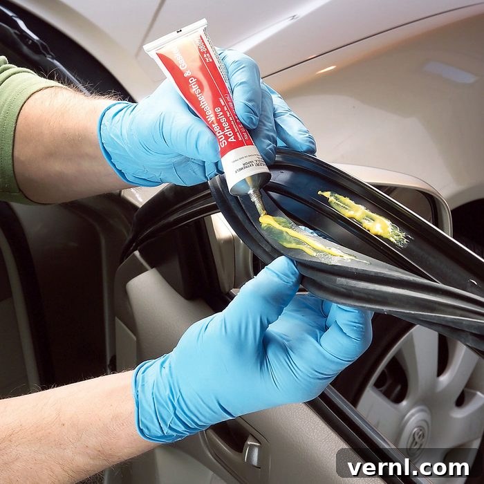 Seal Your Ride: Essential Weather Stripping Repair and Care 2 Applying glue on the stripping of the car door