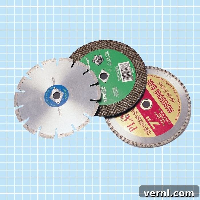 Three different types of Diamond saw blades are displayed on a light blue grid background. The blades have various designs and labels, including a segmented blade, a continuous rim blade, and a turbo blade.